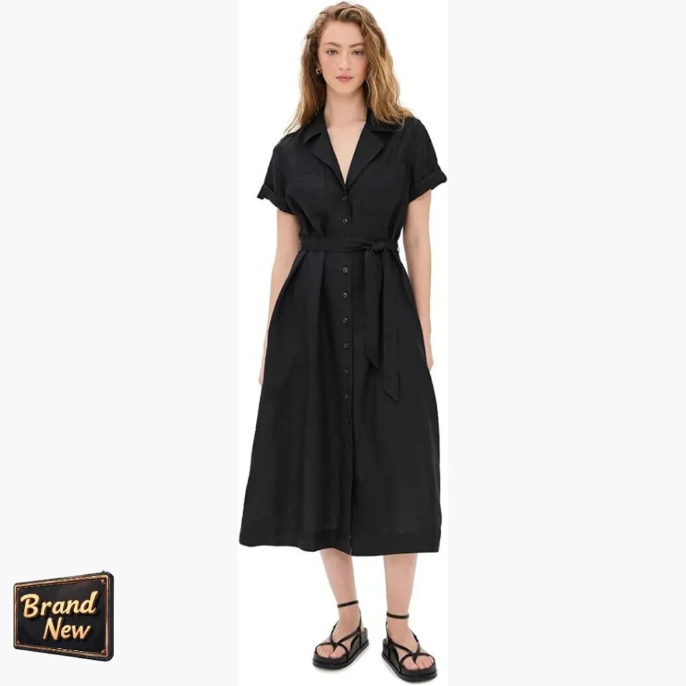 Linen Midi Shirt Dress with Button Front and Tie Waist